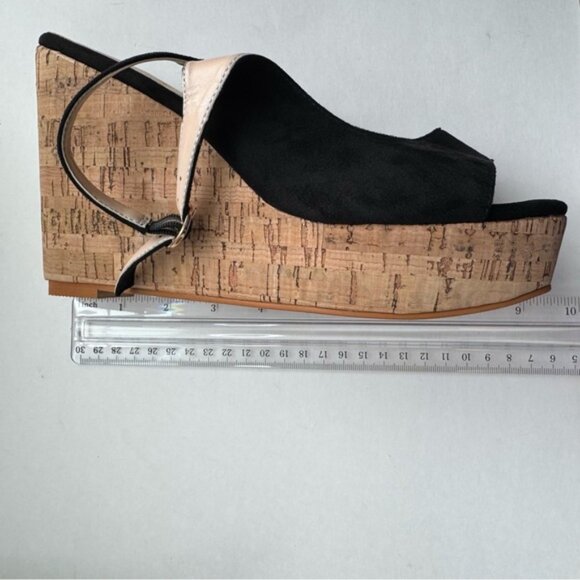Size 9.5 Black Suede Women Peep Toe Slingback Platform Wedge Sandals High Heel - Picture 12 of 13